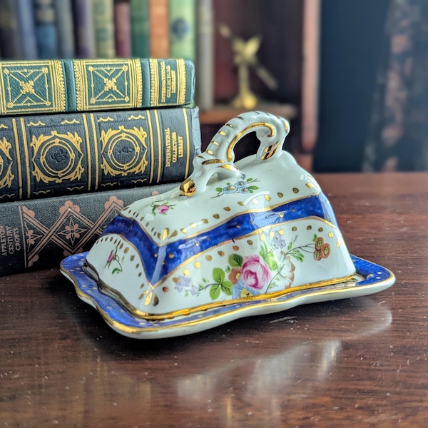 Antyczna francuska porcelanowa miseczka na ser | Decor A Sevres | Niebieski i kwiatowy, ręcznie malowany pojemnik na masło lub ser