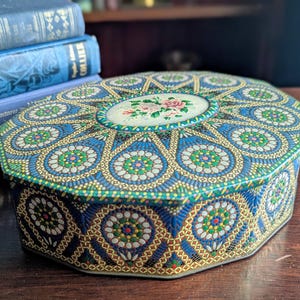 Vintage Carr & Co. English Biscuit Tin | Hinged Lid Storage Box | Roses and Raised Colorful Mosaic Pattern | Retro British Tin Container