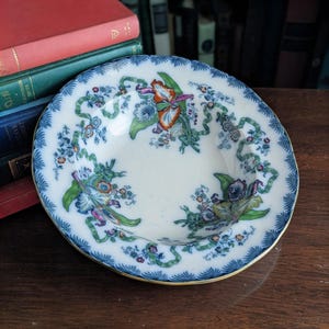 Vintage Polychrome Serving Bowls | Floral and Ribbon | Blue Decorative Bowls 10.25"