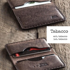 Handmade dark brown leather bi-fold wallet for men and women. Mens card wallet made with vegetable-tanned full-grain leather. Compact and slim leather wallet.
