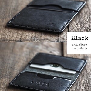Handmade black leather bi-fold wallet for men and women. Mens card wallet made with vegetable-tanned full-grain leather. Compact and slim leather wallet.