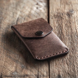 Black leather wallet handmade in Finland with vegetable tanned leather. A card holder or a coin pouch with button. Italian full grain leather. Handmade leather wallet for men. Gift for him. wallet for woman. gift for her. Messenger Wallet dark brown