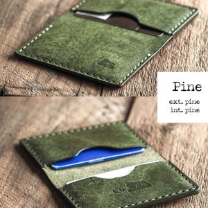 Handmade pine green leather bi-fold wallet for men and women. Mens card wallet made with vegetable-tanned full-grain leather. Compact and slim leather wallet.
