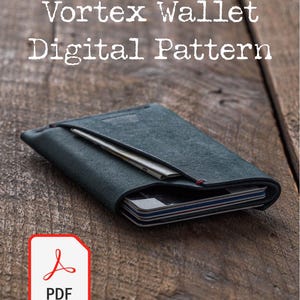 May include: A dark teal leather wallet with the text "Vortex Wallet Digital Pattern" on a wooden surface. The wallet is open, revealing several cards. A PDF icon is in the lower left corner.