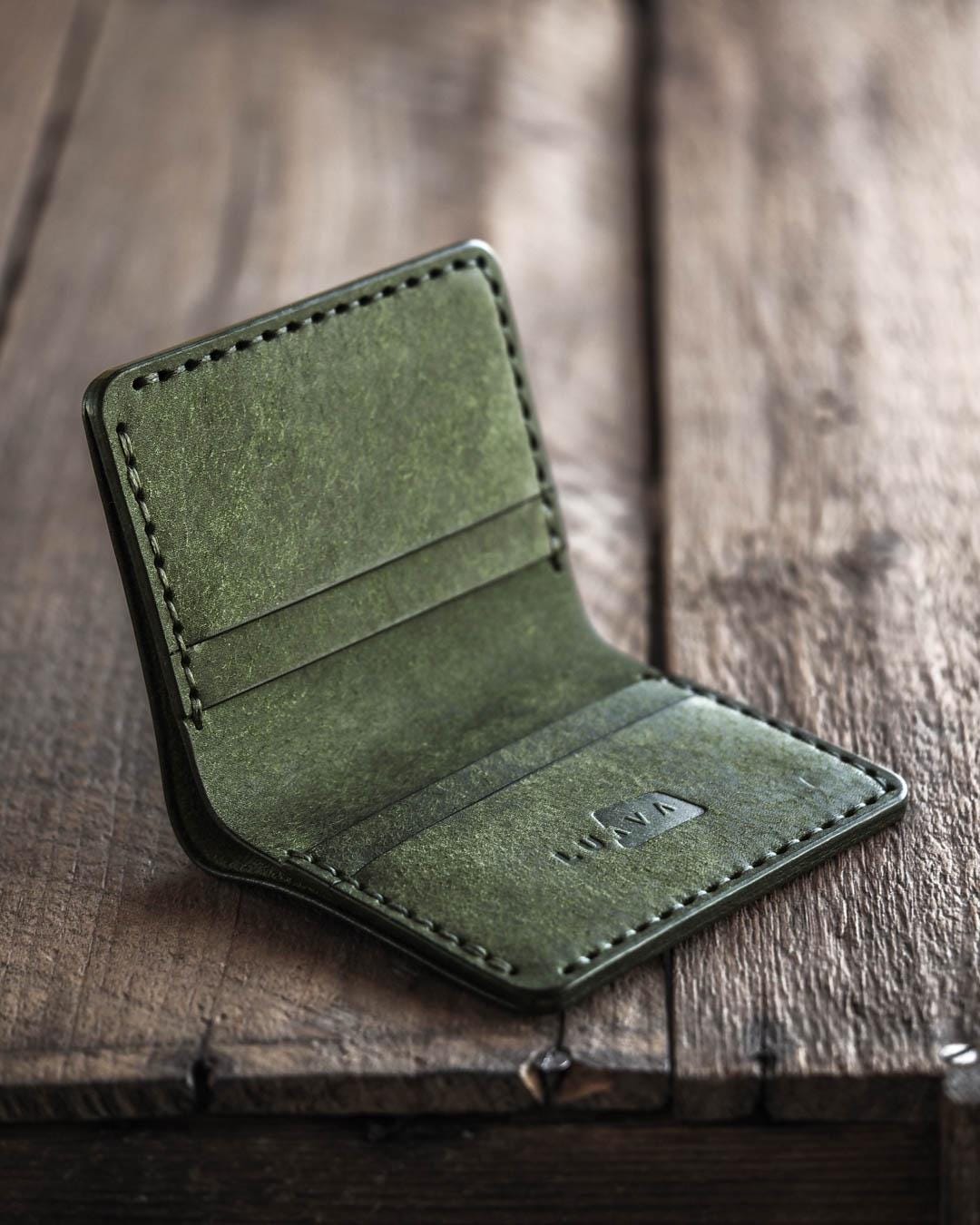 Handmade Green Leather Bi-fold Wallet: Vegetable Tanned, Made in