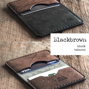 Handmade black and brown leather bi-fold wallet for men and women. Mens card wallet made with vegetable-tanned full-grain leather. Compact and slim leather wallet.