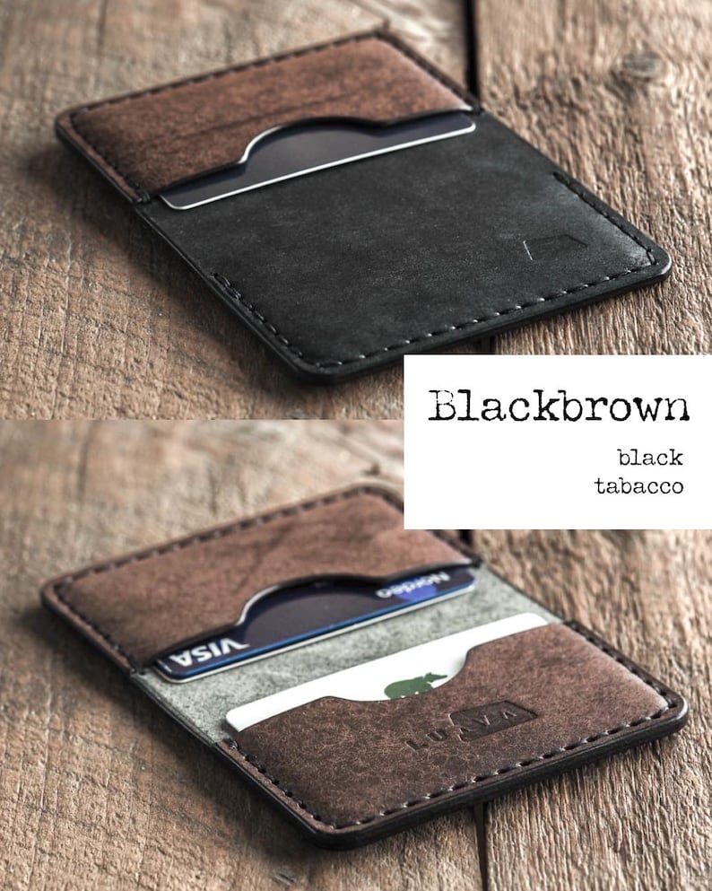Handmade black and brown leather bi-fold wallet for men and women. Mens card wallet made with vegetable-tanned full-grain leather. Compact and slim leather wallet.