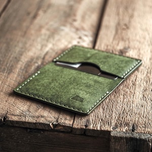 Handmade Green Leather Bi-Fold Wallet: Italian Vegetable Tanned Full Grain, Journeyman Card Holder