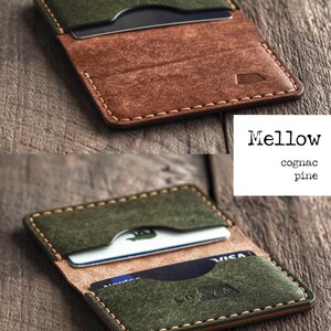 Handmade green and brown leather bi-fold wallet for men and women. Mens card wallet made with vegetable-tanned full-grain leather. Compact and slim leather wallet.