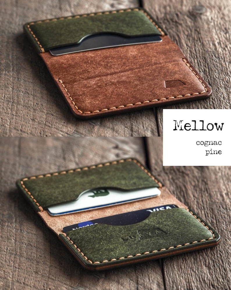 Handmade green and brown leather bi-fold wallet for men and women. Mens card wallet made with vegetable-tanned full-grain leather. Compact and slim leather wallet.
