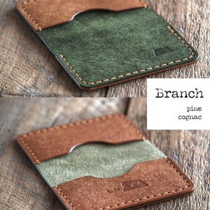 Handmade brown and green leather bi-fold wallet for men and women. Mens card wallet made with vegetable-tanned full-grain leather. Compact and slim leather wallet.