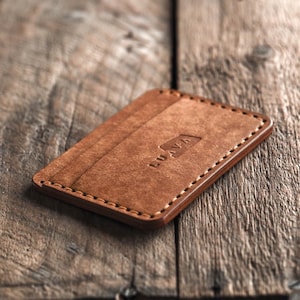 Cartera de cuero para hombre / Cartera de cuero para tarjetas hecha a mano / Cartera de bolsillo frontal marrón coñac para hombre / Cuero de grano completo curtido vegetal / Cartera para hombre