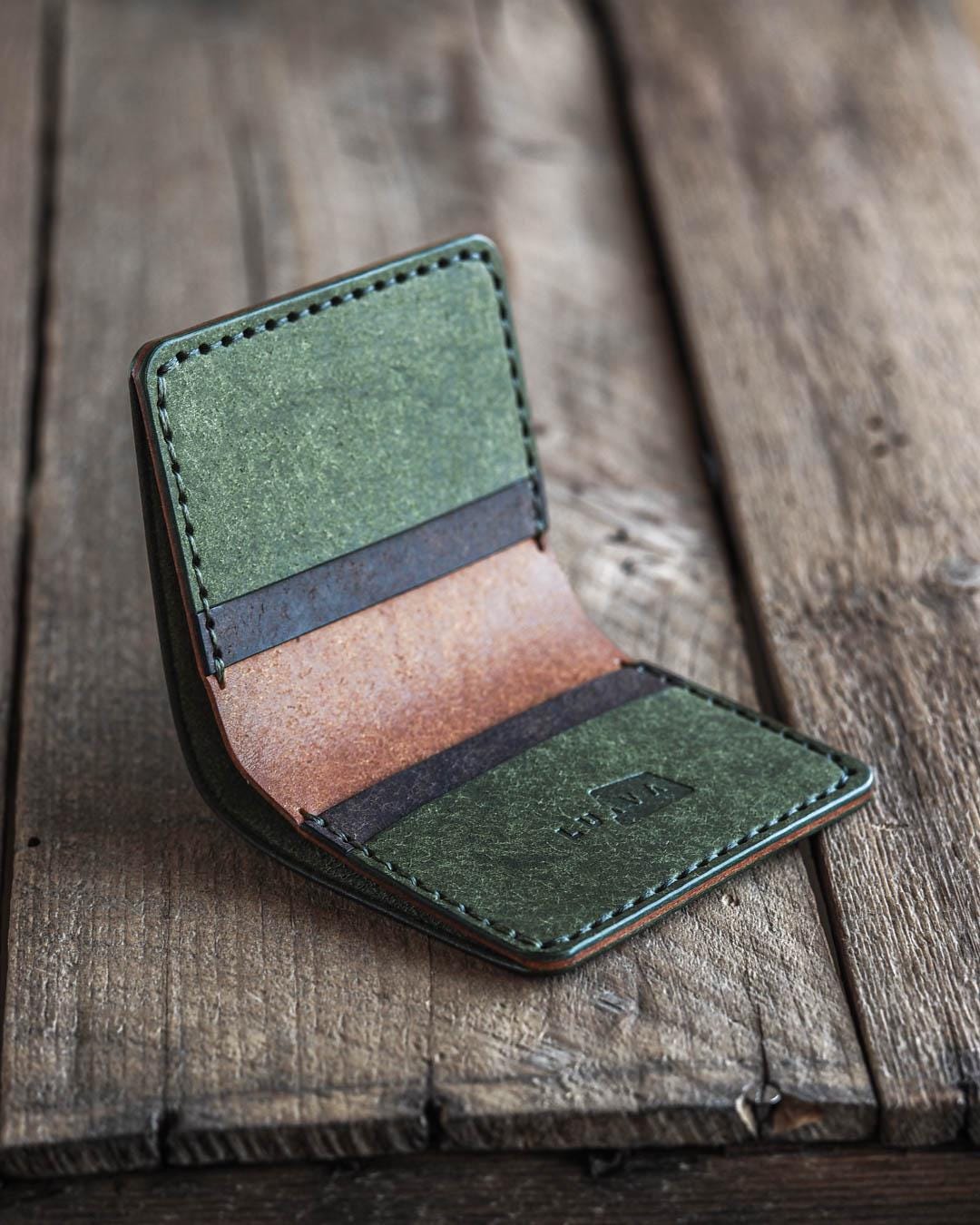 Handmade Green Leather Bi-fold Wallet: Vegetable Tanned, Made in