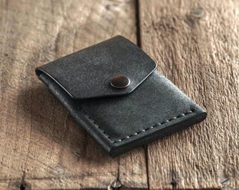 Handmade Black Leather Minimalist Wallet: Overfold Card holder & Coin Pouch