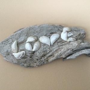 May include: A piece of driftwood with the word "LOVE" spelled out using white seashells.