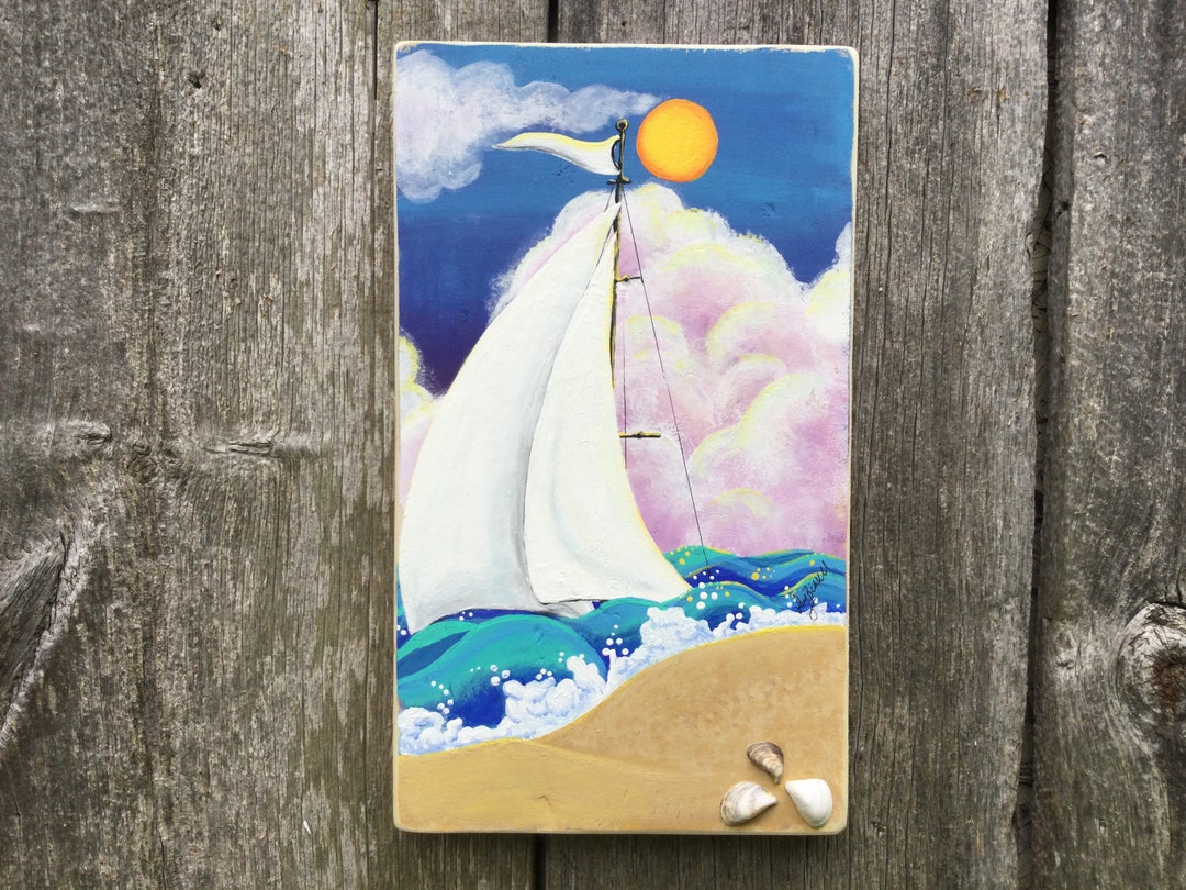 Sailboat Beach Reclaimed Wood Art,7.5”x13”, Original Acrylic Painting ...