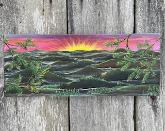Sunrise on misty hills 8”x20” canvas original acrylic painting,pine trees,forest,cottage decor, home decor landscape wall hanging