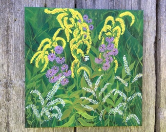 Wildflowers bumblebee Art,12”x12”,original acrylic painting on canvas,goldenrods,nature,cottage decor home decor botonical wall hanging