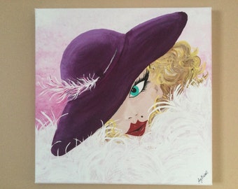 Fancy lady art 12”x12”original acrylic painting,glamour girl art,purple hat,feather boa,red lips,ladies boudoir, home decor,wall hanging.