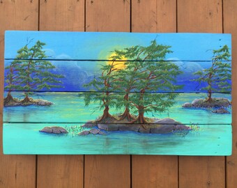 Trees on rocks reclaimed wood art,13.5”x25.5”, original acrylic painting,windswept pines,sunset on lake,cottage/home decor,wall hanging.