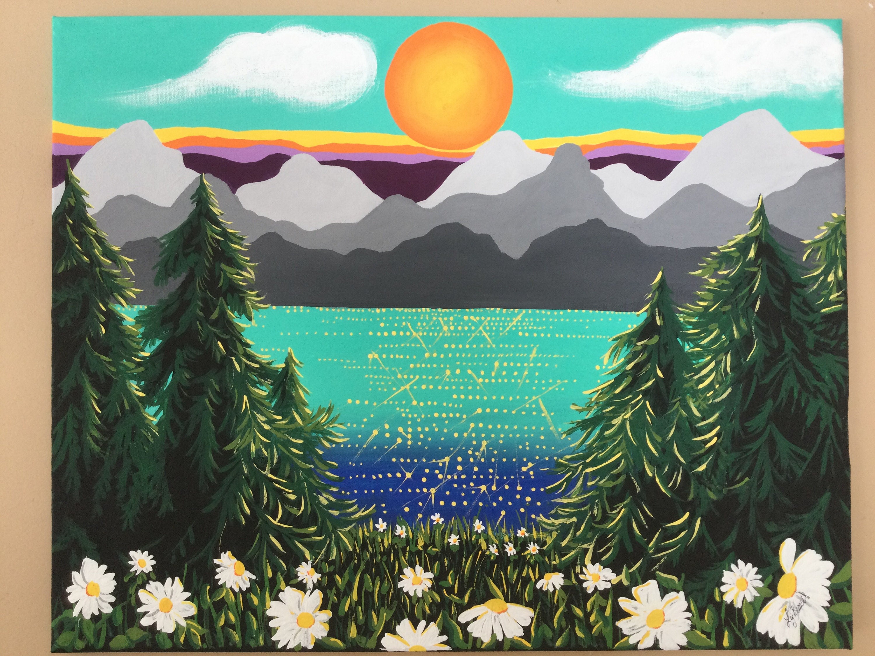 Whimsical Sunset Mountains,16”x20”,original,acrylic Painting