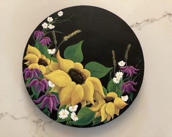 Flowers on 12” round canvas, original acrylic painting,wall hanging.