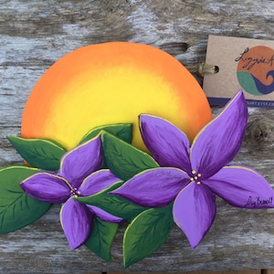 Coucher de soleil avec des fleurs, sculpture murale 3D en bois de récupération, peinture acrylique originale, décoration de chalet, décoration murale d'art de plage, suspension murale.