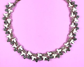 Vintage Leaves Rhinestone White Grey Necklace | Designer CORO necklace