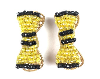 Vintage designer HOBE Grinding glass beads Yellow black earrings * Miriam Haskell Style