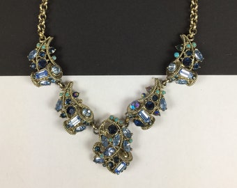 Vintage Necklace-rhinestone-blue-gold-mid century-1960s-Mad Men-gift-Bridal-wedding-playful-elegant-turquoise