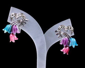 Vintage Blumen Herz Markasit Ohrringe | Rosa Lila Blau Emaille Ohrclips | Liebe Braut Hochzeit