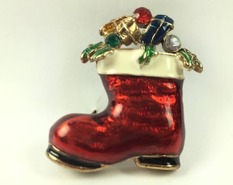 Vintage Brosche - Weihnachten - Rot - Weiss - Blau - Grün - Golden - Stiefel - Original Box - Strass - 1980er - Geschenk