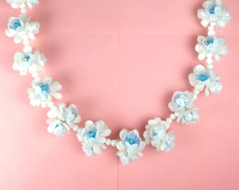 Vintage Flowers White Blue Necklace | Lightweight long necklace | 1950s necklace