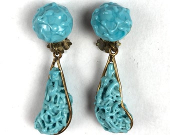 Vintage Mid Century Coral Turquoise Blue Drop Earrings