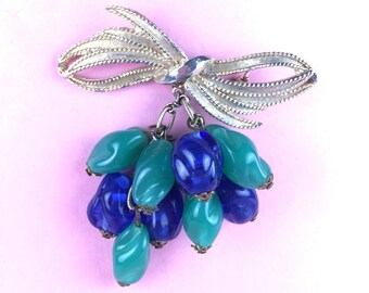 Vintage Brooch-ribbon-grape-tassel-glass-green-blue-gold-1960s-mid century-statement-runway-Gift