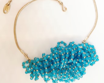 Vintage Necklace-Glass beads-blue-statement-runway-designer-Francesca Romana-1980s-fringe-bridal-wedding-Gift