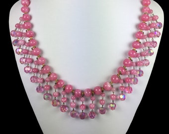 Vintage Necklace-Glass beads-fringes-statement-bib-drops-pink-rhinestone-1950s-rockabilly-Rosenquartz-Gift