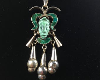 Vintage Grün Tribal Anhänger Halskette*Sterling Silber Halskette*Taxco*Statement Halskette*Malachit Schmuck*1970er Schmuck