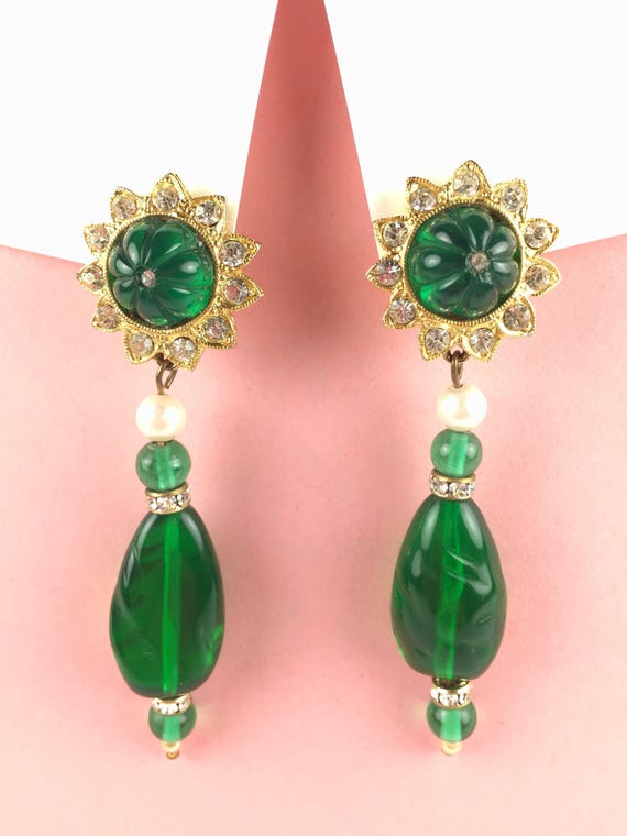 Vintage Designer KJL Grün Ohrringe*Statement Schmuck* Strassschmuck*Runway-Ohrringe*60er 70er Jahre Schmuck*Retro Rockabilly