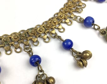 Vintage Art Deco Halskette | Glasperlen Blau - Glöckchen | Fransen Statement Halskette |  Miriam Haskell Stil