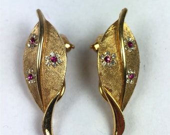 Vintage Designer BSK Rhinestone Pink Leaves Elegant Earrings