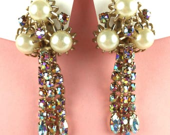 Vintage Perlen Aurora Borealis Ohrringe*Designer Schmuck Hobe*Strassschmuck*1960er Retro Rockabilly*alter Hollywood Glam