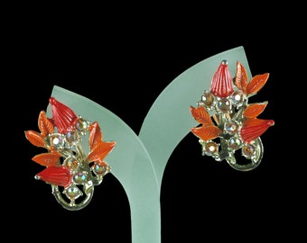 Vintage Orange Red Aurora Borealis Rhinestone Autumn Leaves Ear clips