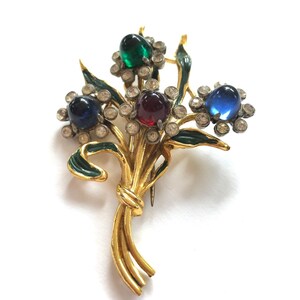 Vintage enamel cabochons rhinestone flower brooch Fur Clip Green Blue Red Gold image 2