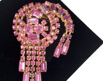Vintage Brooch-statement-rhinestones-shiny-pink-dangling-tassels-mid century-1960s-gift-retro-Mad Men