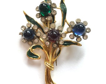 Vintage enamel cabochons rhinestone flower brooch | Fur Clip | Green Blue Red Gold