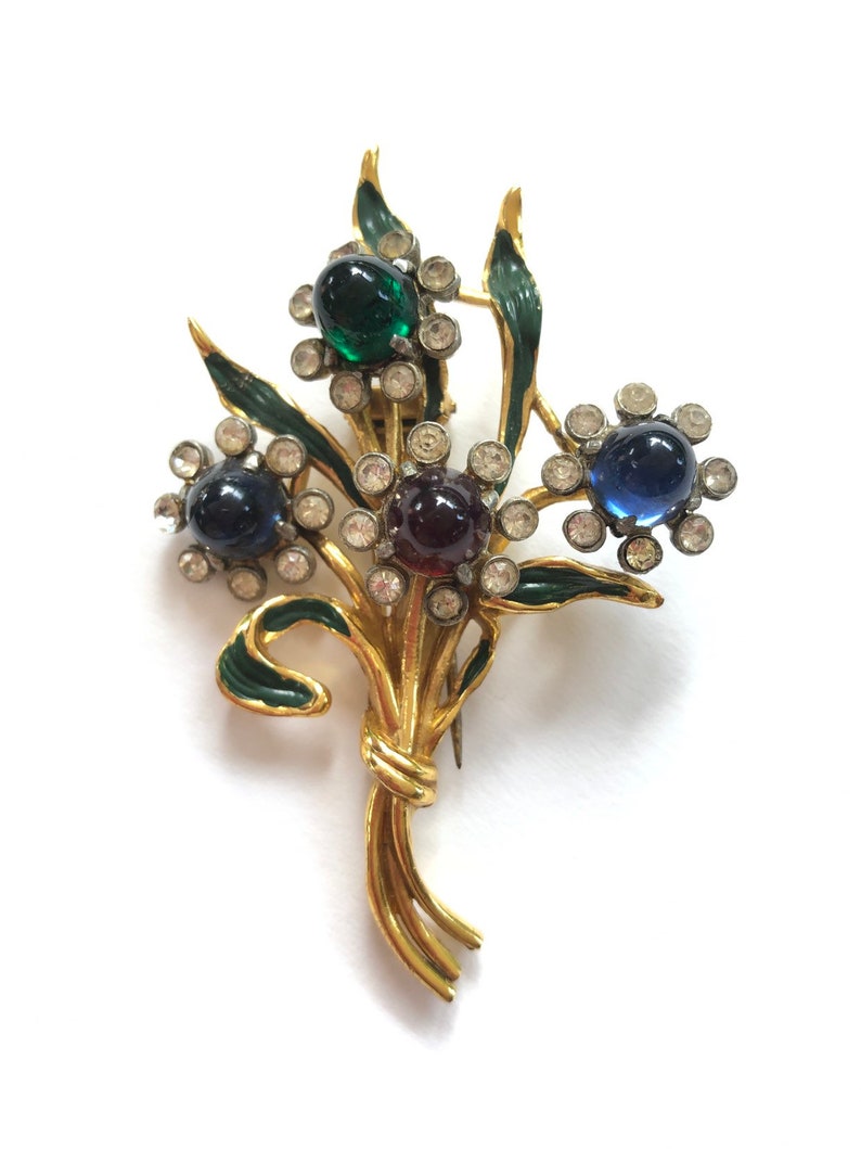 Vintage enamel cabochons rhinestone flower brooch Fur Clip Green Blue Red Gold image 1