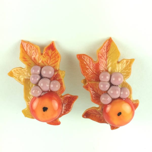 Vintage Orange Yellow Purple Grapes Apple Leaves Autumn Earrings