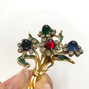 Vintage enamel cabochons rhinestone flower brooch Fur Clip Green Blue Red Gold image 3