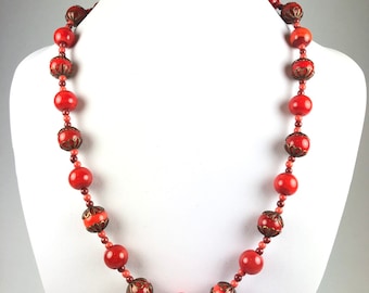 Vintage Glas Kugeln Perlen Rot Halskette | 1950er Schlicht Elegant Everyday